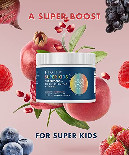 BIOHM Super Kids Superfood Powder Plus Probiotics, Delicious Berry Blast, 30 Servings, Antioxidants and Omega-3, Gluten, Non-GMO, Dairy Free, No Artificial Ingredients, Vegetarian, Ages 4 Plus