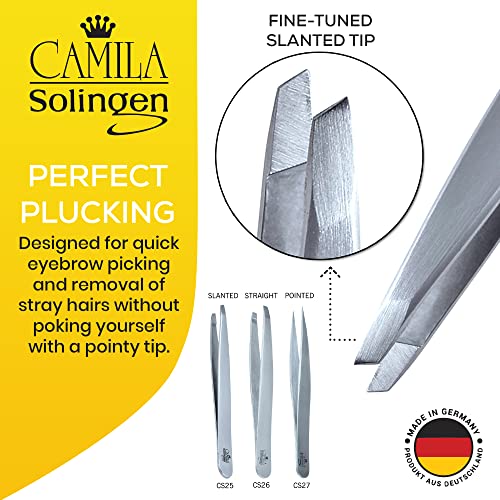 Camila Solingen CS25 4 Professional Surgical Grade Stainless Steel Precision Tip Eyebrow Tweezers for Facial Hair Shaping & Removal. Beauty Tool for Men/Women. Made in Solingen Germany (Slanted)