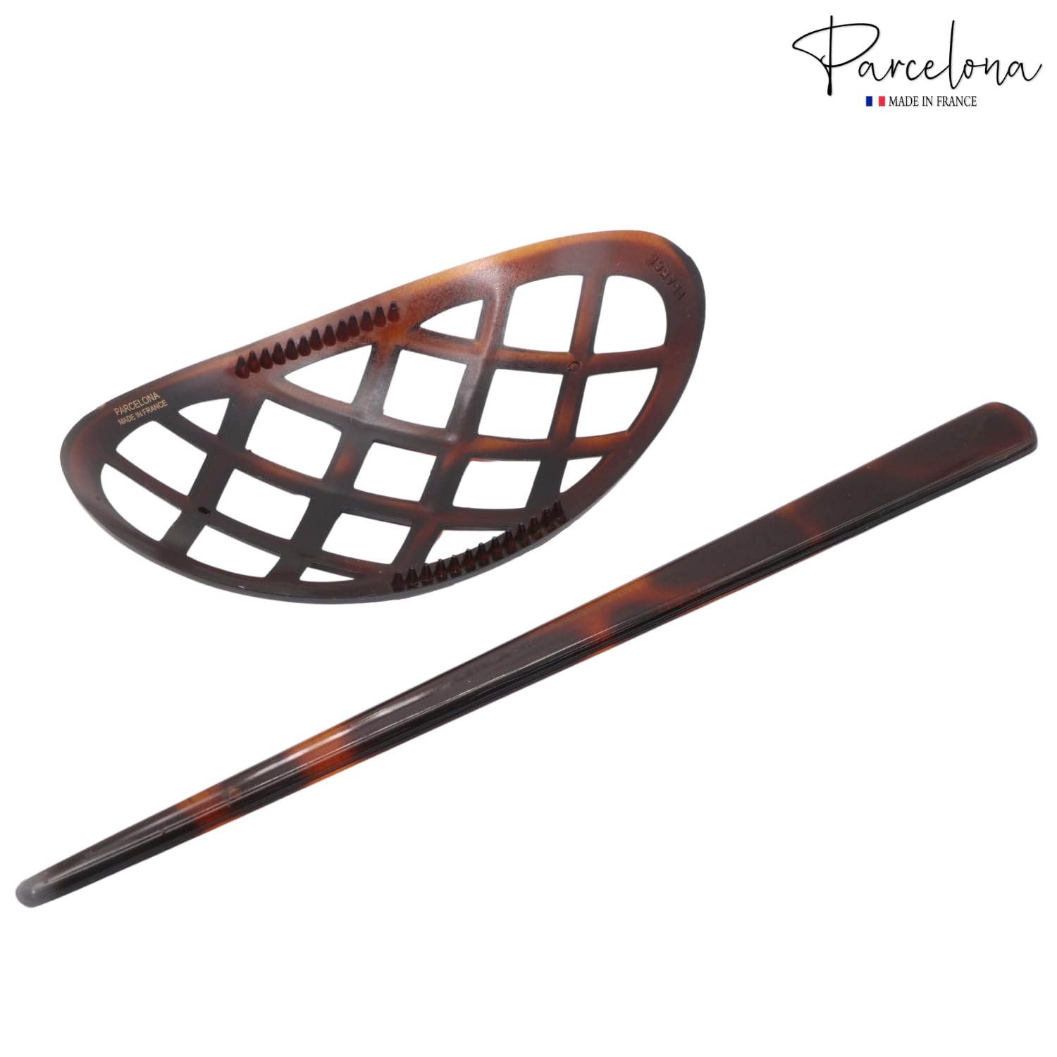 Parcelona French Criss Cross Pattern Tortoise Shell Brown Cellulose Acetate Made in France Chignon Bun Cover Ponytail Holder Hair Slider Pin Thru Updo with Stick for Women and Girls
