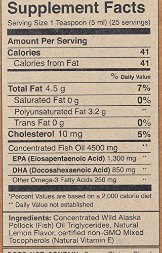 Wiley’s Finest Wild Alaskan Fish Oil Peak Omega-3 Liquid Supplement - 2300mg EPA and DHA Omega-3s - Lemon Flavor - 4.23 Oz (25 Servings)