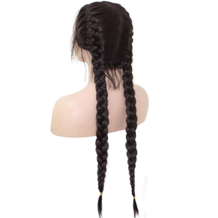 Anogol Hair Cap+Long Double Braids Black Synthetic Braided Lace Front Wig with Baby Hair Wigs Heat Resistant Fiber Middle Part