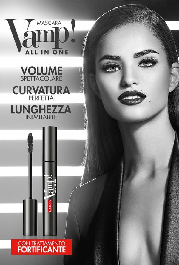PUPA Milano Vamp All In One Mascara Lengthen Volumize and Curl Lashes Growth and Strengthening Treatment Ophthalmologist Tested Paraben Free Makeup Tube, 101 Extra Black, 0.3 Ounce