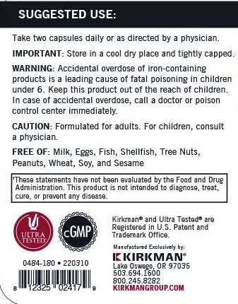 Kirkman - Advanced Adult Multivitamin & Mineral with 5-MTHF - 180 Capsules - Potent Broad Spectrum Vitamin/Mineral Supplement - Supports Cell Turnover - Hypoallergenic