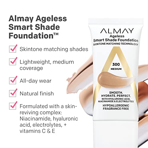 Almay Anti-Aging Foundation, Smart Shade Face Makeup with Hyaluronic Acid, Niacinamide, Vitamin C & E, Hypoallergenic-Fragrance Free, 300 Medium, 1 Fl Oz (Pack of 1)