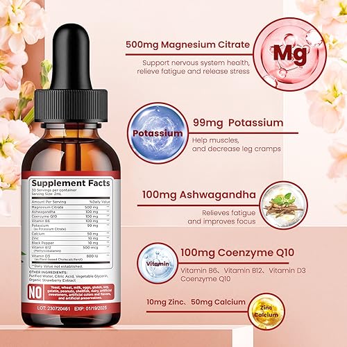 Potassium Magnesium Citrate Supplement, Liquid Magnesium Citrate Drops 500mg with Ashwagandha, Calcium, Zinc, Vitamin D3, B6, B12, CoQ10 - Support Calm & Bone & Muscle & Immune Health Vegan 2 fl oz