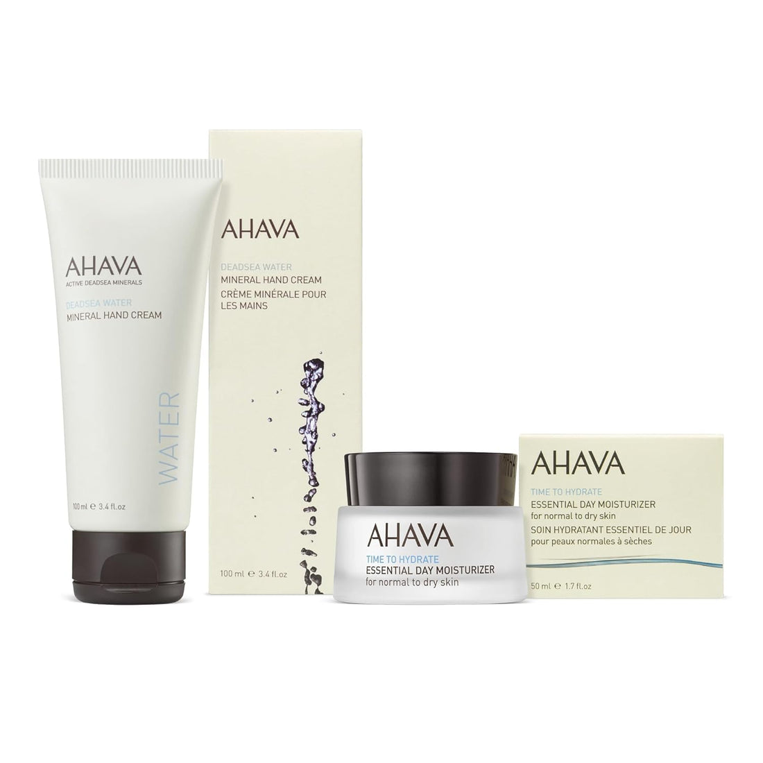 AHAVA Essential Hydration & Working Hands Duo - Includes Hand Cream 3.4 Fl.Oz & Essential Day Moisturizer 1.7 Fl.Oz, enriched with Dead Sea Minerals & Magnesium for dry & cracked hands & fine lines