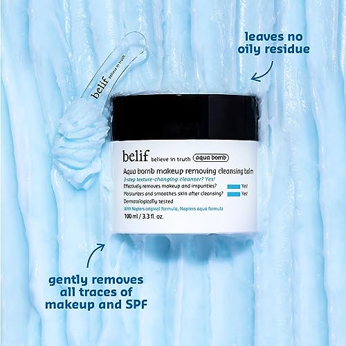 belif Aqua Bomb Cleansing Balm Makeup Remover, Hydrate & Deep Cleanse in 1 Step, No Mess Clean Up, Melt Away Makeup & SPF, Balm to Oil Cleanser Formula, No Oily Residue, Korean Skin Care