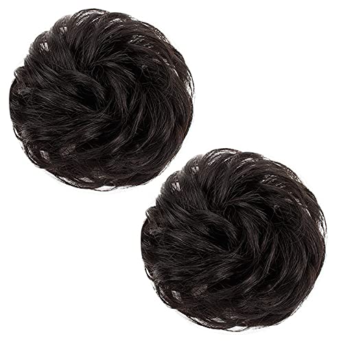 2PCS Messy Bun Hair Piece 100% Human Hair Scrunchies Buns Hair Pieces for Women Curly Wavy Black Bun Elegant Chignons Wedding (2PCS Human Hair, Brown Black)