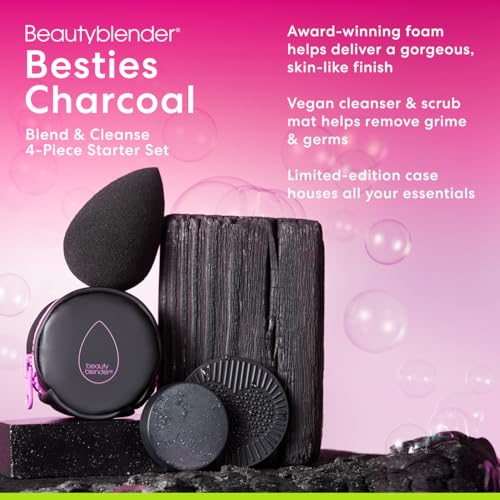 Beautyblender® | Besties Charcoal Blend & Cleanse 4-Piece Starter Set, Pro Black Makeup Sponge + Solid Charcoal Cleanser .558 oz + Silicone Scrub Mat + Travel Case, Made in USA, Vegan, Cruelty Free