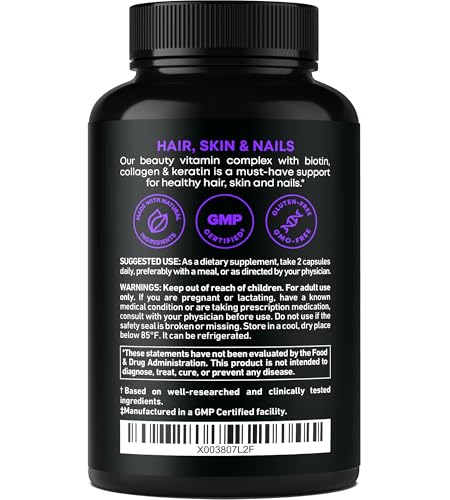 Biotin and Collagen Supplements with Keratin - Hair Vitamins - Hair Skin & Nails Vitamins with Biotin, Collagen, B Complex - Made in USA - Biotin Supplement for Strong Hair, Skin & Nails - 60 Capsules