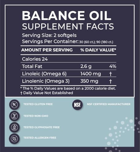 BodyBio Omega Oils 3 & 6 - Essential Fatty Acids for Brain and Heart Health | Organic Safflower and Flax Seed Oil Blend | Cold-Pressed Oils | DHA EPA | Balance Oil 60 Softgel
