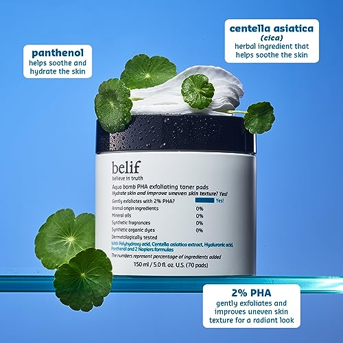 belif PHA 2% Toner Pads – Gentle Exfoliating Facial Polish for Pore Care, Hydrating & Soothing with Panthenol & CICA, Double-Sided Texture, Ideal for Sensitive Skin, Korean Skincare (70 Pads)