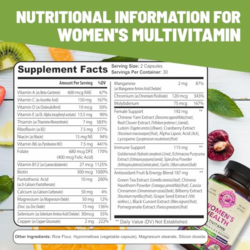 Womens Daily Multivitamin Multimineral Supplement for Energy, Mood, Focus, Hair, Skin & Nails. Made for Women with 30+ Nutrients, Fruit & Energy Blend. Womens Vitamins 60 Capsules. Made in the USA.