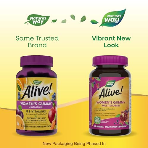 Nature's Way Alive! Women’s Gummy Multivitamin, 16 Vitamins & Minerals, Energy Metabolism*, Hair Skin & Nails*, Vegetarian, Mixed Berry Flavored, 60 Gummies - 2 Pack