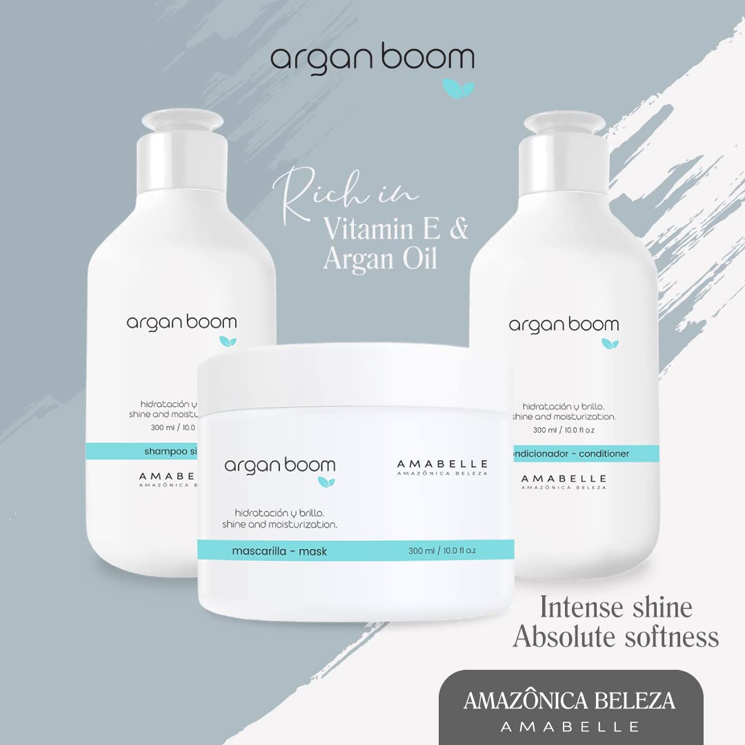 AMAZONICA BELEZA Argan Oil Hair Shampoo, Conditioner and Mask for Intense Moisturizing, Hydrate & Repair Kit for Dry Hair, Kit Hidratante con Oleo de Argan y Vitamina E, (10 Oz/each)