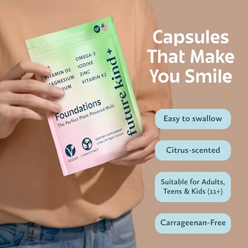 Future Kind Carrageenan-Free Foundations Multivitamin for Women & Men with Omega-3, B12, D3, Zinc, Iodine, Magnesium, K2 & Selenium, Vegan, Compostable Bag (60ct)