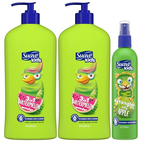 Suave Kids Shampoo & Conditioner 3-in-1, Watermelon Wonder 2-Pack + Detangler Spray for Kids, Silly Apple, Dermatologist-Tested & Tear Free