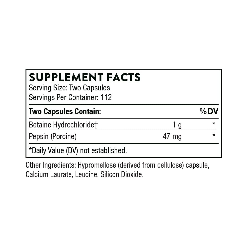 THORNE Betaine HCL & Pepsin - Digestive Enzymes for Protein Breakdown and Absorption - 225 Capsules