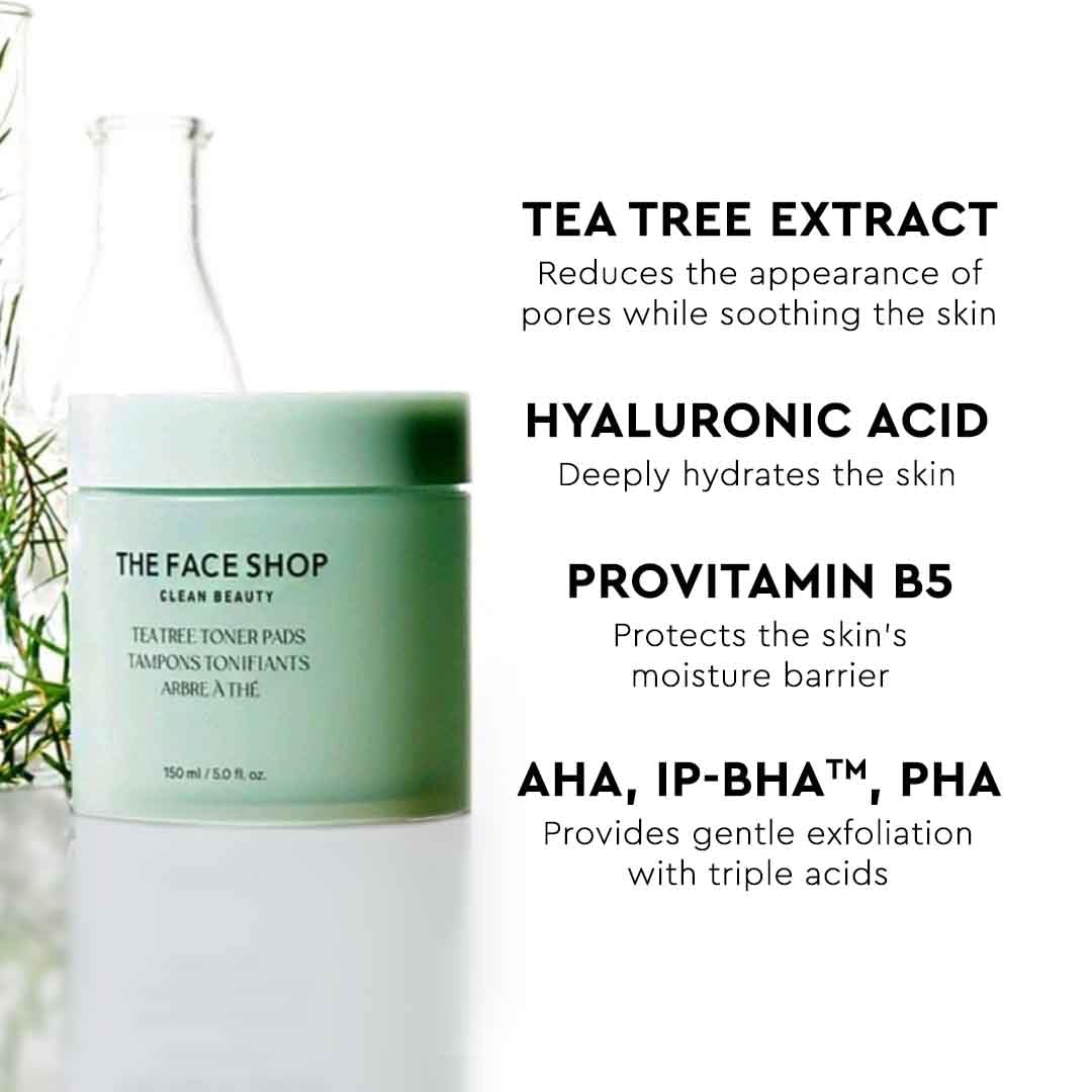 The Face Shop Tea Tree Toner Pads - Improve Uneven Skin Tone, Pore Minimizer - Exfoliating Dual Sided Toner Pad - AHA, BHA, PHA, Hyaluronic Acid - Cotton Facial Pad - Korean Toner - Korean Skin Care