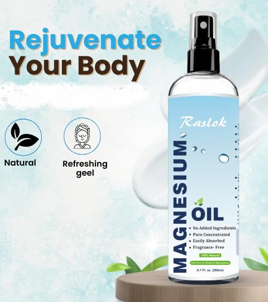 Raslok 100% Pure Magnesium Oil Spray 6.7 fl. oz | Pure Magnesium Oil | Magnesium Spray for Feet - Magnesium Spray for Body | Natural Magnesium Underarm Spray