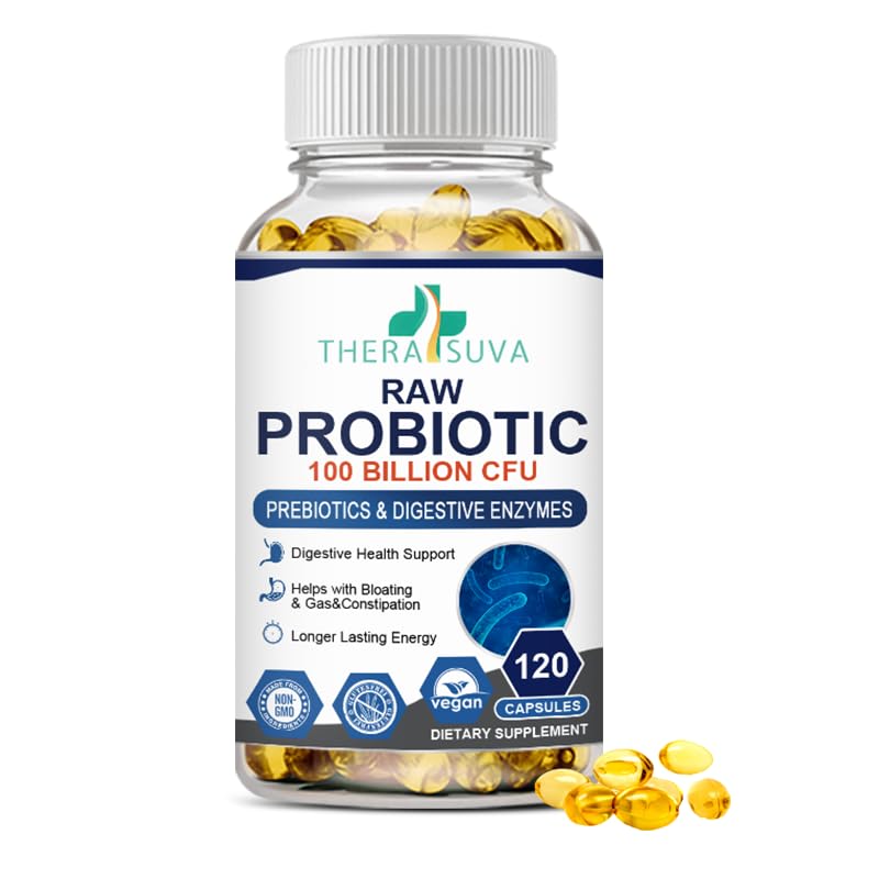 TheraSuva Probiotics 100 Billion CFU - 34 Strains + Organic Prebiotics + Digestive Enzyme + Whole Food Supplement for Ultimate Gut Health Support! 120 Softgels, 60 Day Supply