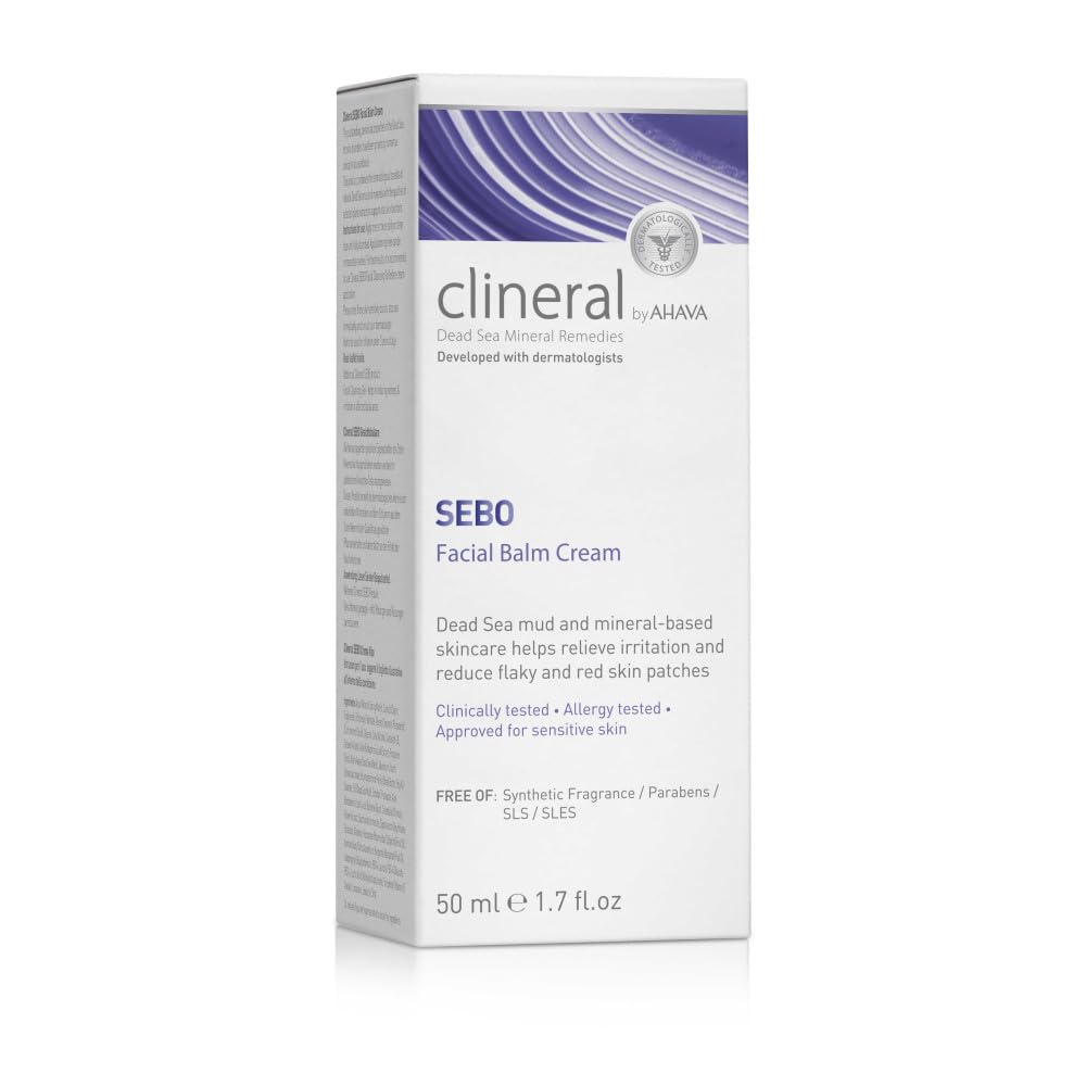 AHAVA Clineral Sebo Facial Balm Cream - Rich balm reduces facial irritation & redness, softens dry & sensitive skin, enriched with Osmoter, Dead Sea Mud, Aloe Vera, Hippophae & Bergamot Oil, 1.7 Fl.Oz