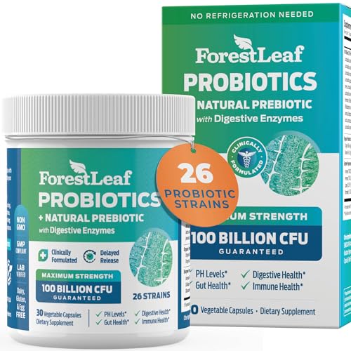 ForestLeaf Clinically Studied Probiotics 100 Billion CFU, 26 Strains with Organic Prebiotic Blend & Digestive Enzymes - Probiotic Prebiotic for Men & Women - Probiotics Digestive Health (30 Capsules)