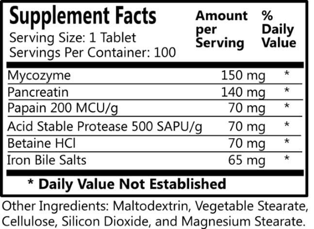 Daily Manufacturing Digestine™ (Digestive Enzymes Mycozyme, Pancreatin, Papain, Acid Stable Protease, Betaine HCl, Iron Bile Salts)