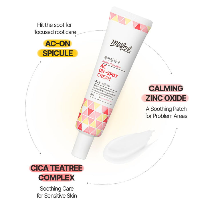 Millford AC On-Spot Cream 30g/1.05 Oz, Zinc Oxide 10%, Niacinamide 2%, Acne Care, Blemish Treatment, Dark Spot, Korean Skincare