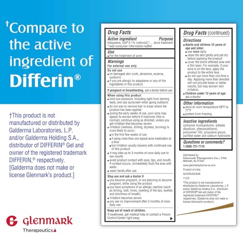 Glenmark Therapeutics Adapalene Gel 0.1% Acne Treatment, Paraben Free Topical Retinoid Cream For Face, Helps Clear and Prevent Acne and Clogged Pores, 15g Tube