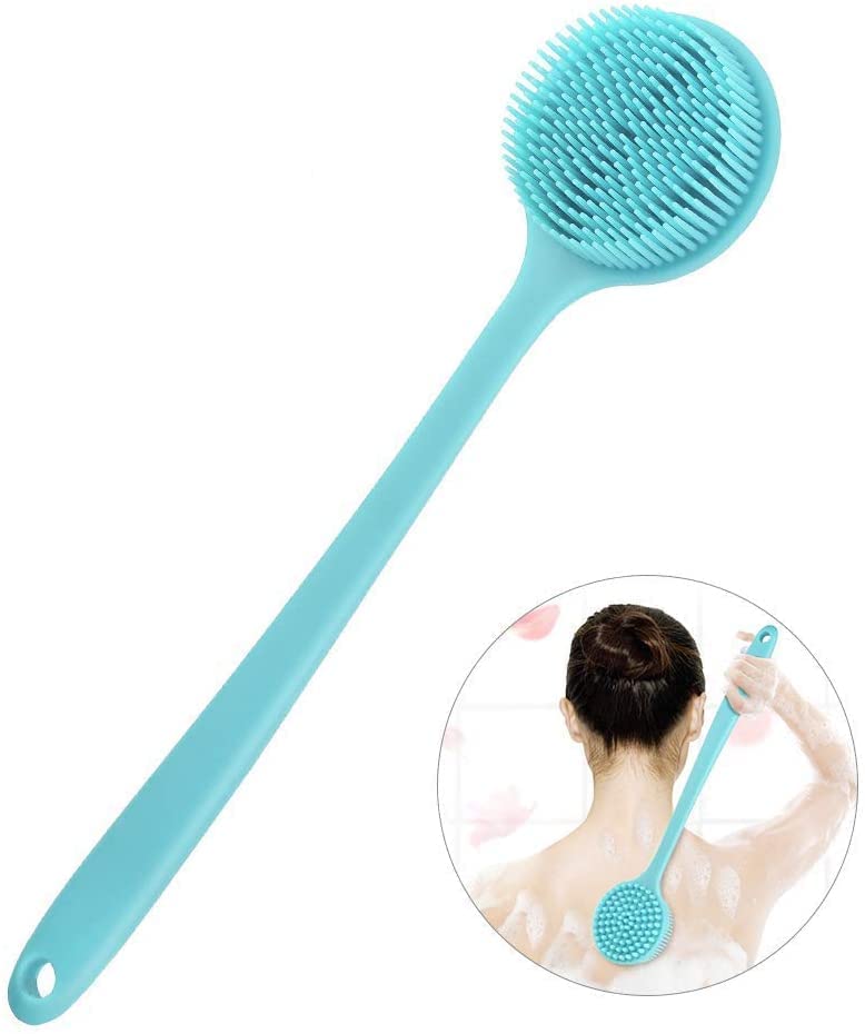 BAOOOFU Silicone Back Brush Long Handle Soft Body Brush for Shower Exfoliating Body Scrubber, Back Scrubber for Elderly Men Women, Hook Provided (Blue)