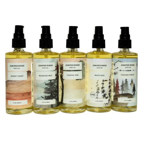 JUNIPER RIDGE Redwood Mist Moisturizing Body Oil - Hydrating Skin Care - Scented with Essential Oils - Perservative Free - 4oz - Packaging May Vary