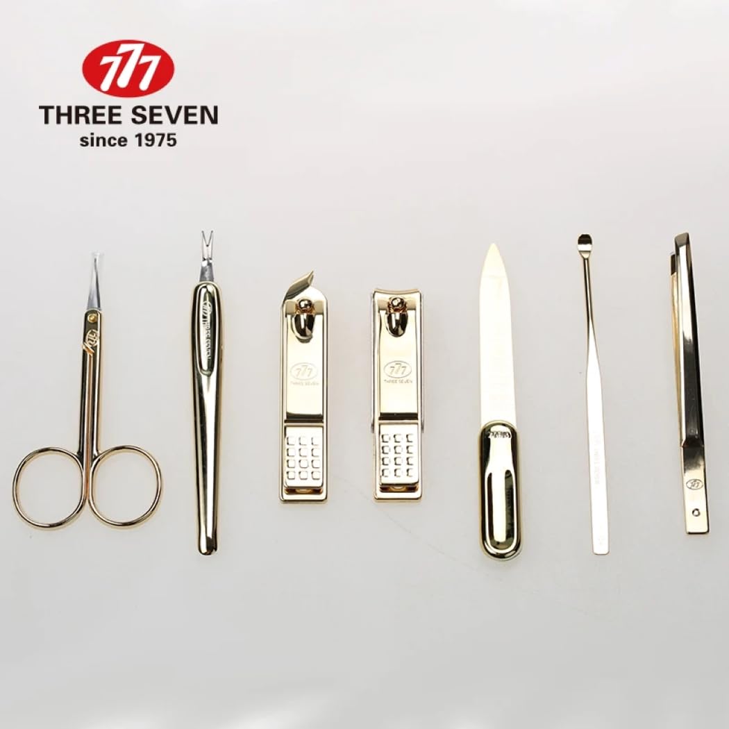 Three Seven 777 Premium Manicure Pedicure Grooming Kit Set, (Total 7 PCS, Model: TS-4112C), Personal Nail care, Stainless steel - Made in Korea (Gold)