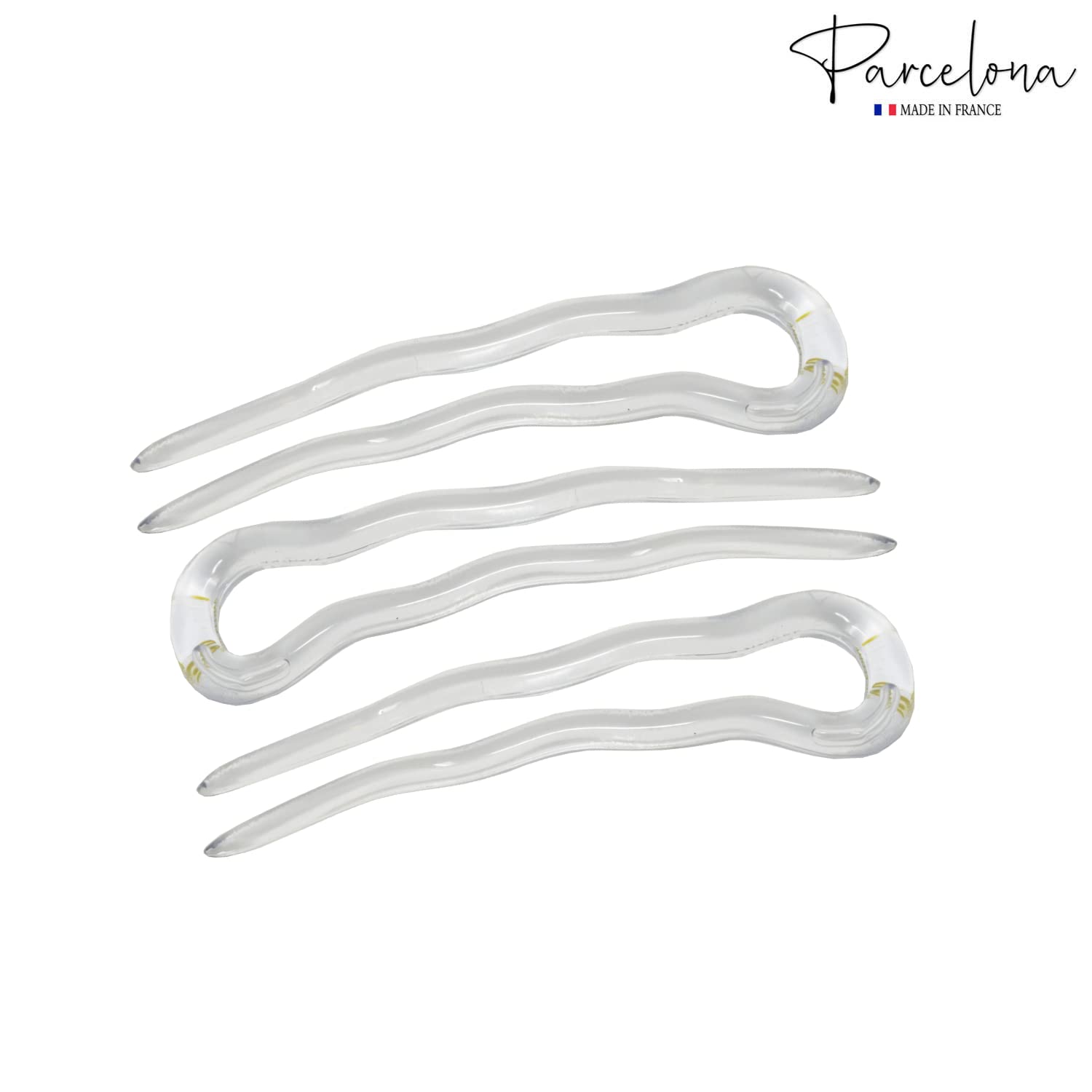 Parcelona French Mystic Crystal Clear Transparent 3 Inch Wavy Set of 3 Celluloid U Shaped Hair Pins for Hair Bun Style for Women and Girls Hair Styling Accessories, Made in France