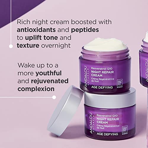 Andalou Naturals Resveratrol Q10 Night Repair Cream, For Dry Skin, Fine Lines & Wrinkles, For Softer, Smoother, Younger Looking Skin, 1.7 Ounce