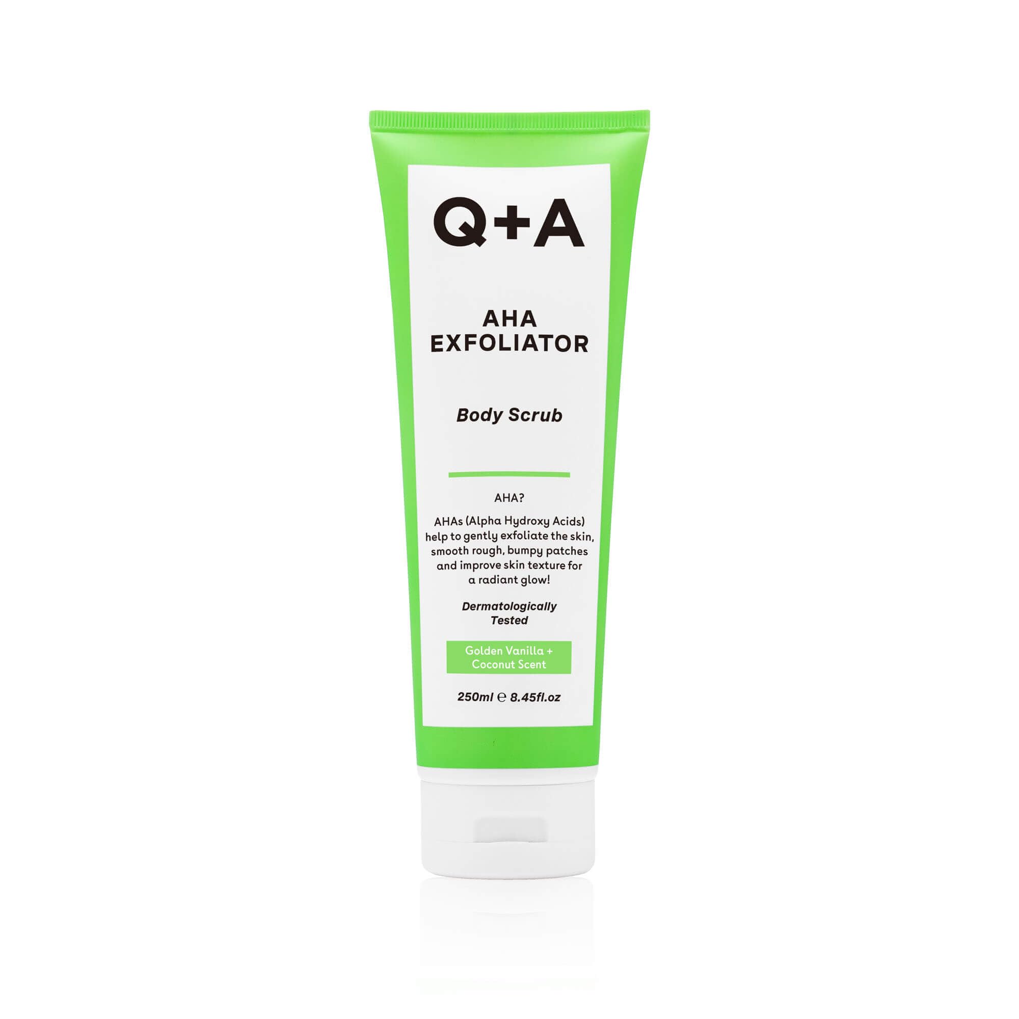 Q+A AHA Exfoliator Body Scrub, blend of AHA’s Lactic Acid and Glycolic Acid combined with exfoliants, improves skin texture and promotes soft and supple skin, 250ml