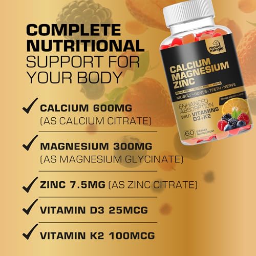 Calcium Magnesium Zinc Supplement Gummies for Kids Toddler & Adults - Enhanced Absorption with Vitamin D3 & K2 - Sugar Free Gluten Free Cal Mag Zinc Vegan Chewable Complex Calcium Gummies