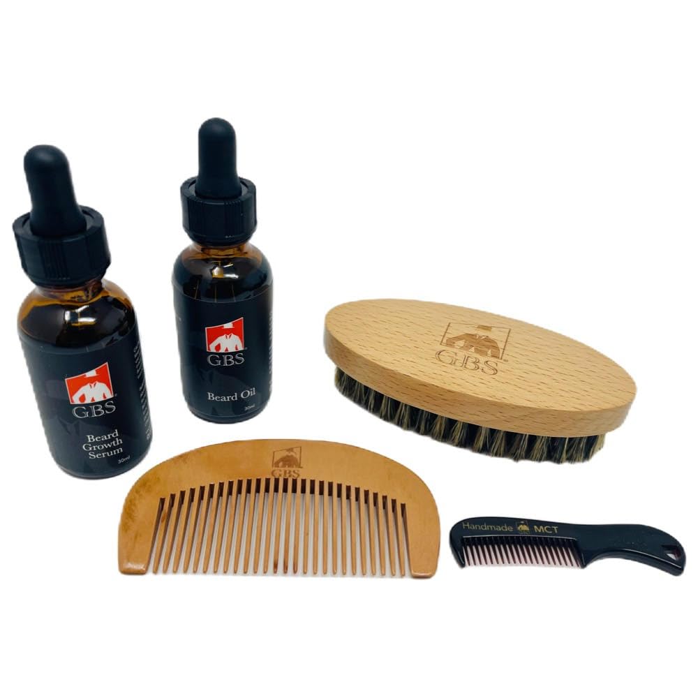 GBS Beard Oil with Premium Oval Wood Beard Brush with Boar Bristles, Round Premium Compact Wood Beard Brush, and Bamboo All Fine Beard Comb
