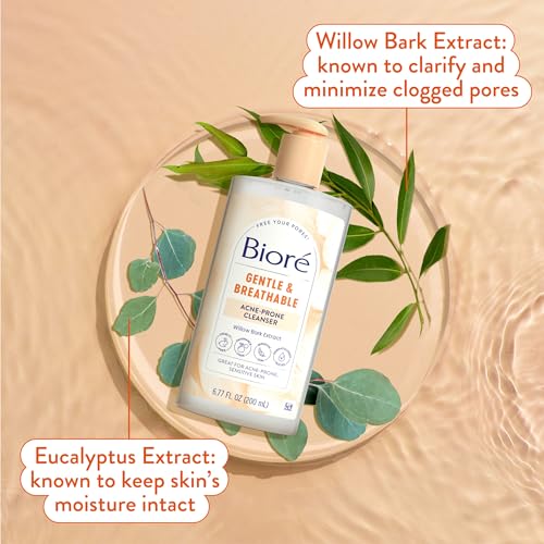 Biore Gentle & Breathable Acne Face Wash, Gentle Face Cleanser for Sensitive and Acne Prone Skin, Infused with Willow Bark Extract to Clarify Skin, Fragrance Free, 6.77 Oz