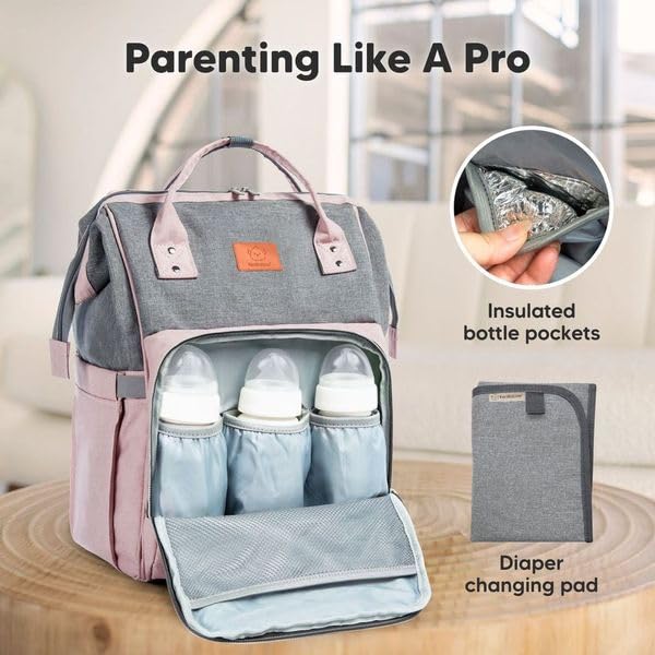 KeaBabies Baby Diaper Bag Backpack - Large Baby Bag for Boys, Girls, Waterproof Multi Function Travel Diaper Backpack with Changing Pad, Durable Travel Essentials for Moms and Dads (Pink Gray)