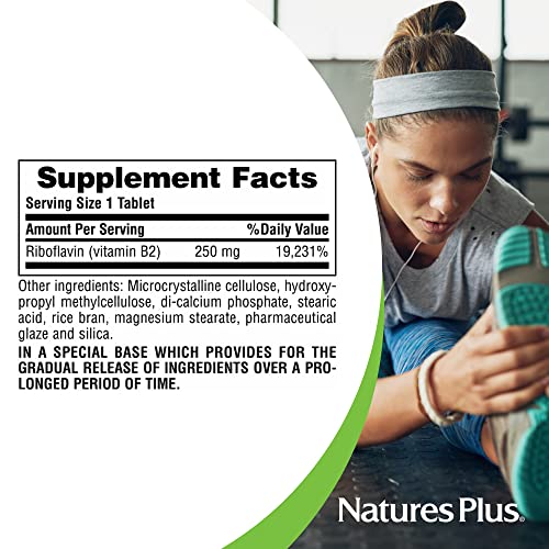 Natures Plus Vitamin B2 (Riboflavin) - 250 mg, 60 Vegetarian Tablets, Sustained Release - Natural Energy & Metabolism Booster, Promotes Overall Health - Gluten-Free - 60 Servings