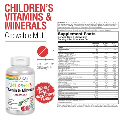 SOLARAY Childrens Vitamins & Minerals Complete Multivitamin for Kids Great Black Cherry Flavor (076280047974) (120 Chews, 60 Serv)