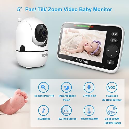 HelloBaby No WiFi Baby Monitor 5 Screen 30-Hour Battery Pan-Tilt-Zoom Video Upgrade with Camera and Audio, Night Vision, VOX, 2-Way Talk, 8 Lullabies and 1000ft Range