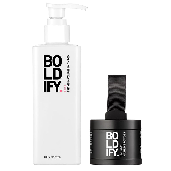 Boldify Hairline Powder + Shampoo: Bundle: Root Touchup Hair Loss Powder and Natural Volumizing Shampoo for Fine Hair (Dark Brown)