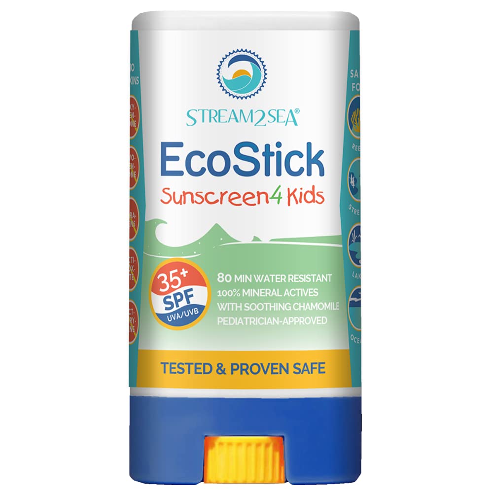 Stream2Sea EcoStick SPF 35 Mineral Sunscreen Stick - Reef Safe Broad Spectrum Roll On Body & Face Sunscreen - Sweat & Water Resistant, Biodegradable Natural Sunblock, UVA UVB (EcoStick Kids)