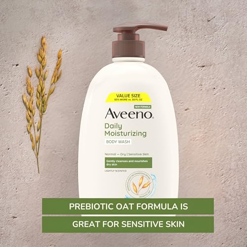 Aveeno Daily Moisturizing Body Wash for Dry Skin with Soothing Oat, Creamy Shower Cleanser, Gentle, Soap-Free and Dye-Free, Lightly Scented, 33 FL OZ