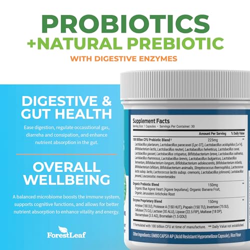 ForestLeaf Clinically Studied Probiotics 100 Billion CFU, 26 Strains with Organic Prebiotic Blend & Digestive Enzymes - Probiotic Prebiotic for Men & Women - Probiotics Digestive Health (30 Capsules)