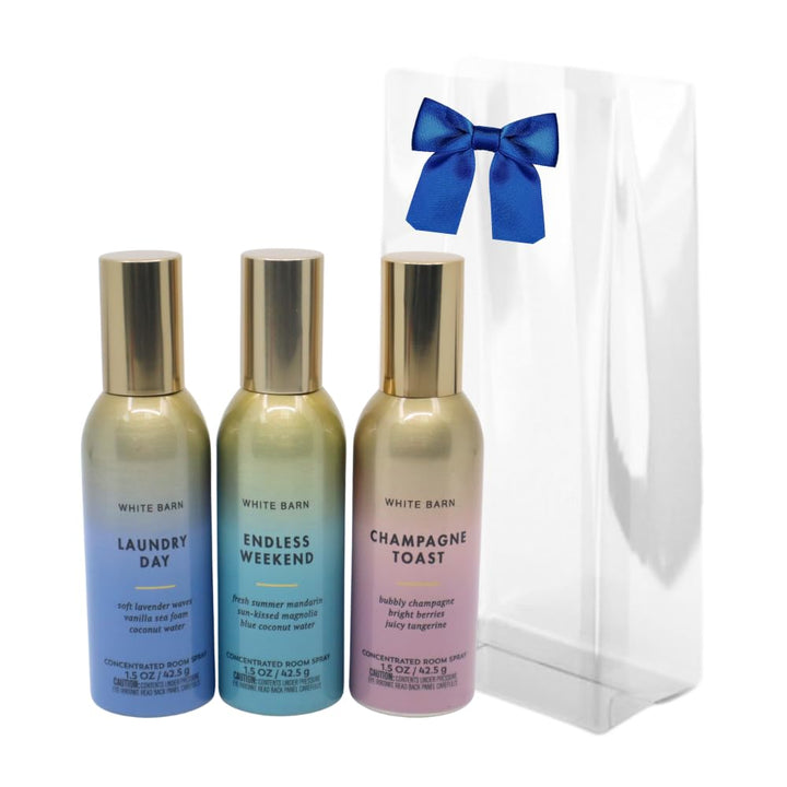 Bath & Body Works LAUNDRY DAY, CHAMPAGNE TOAST, ENDLESS WEEKEND Concentrated Room Spray 3pc bundle Gift Set with a Blue Bow for Holiday 1.5 oz each