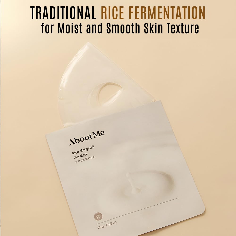 About Me Rice Makgeolli Gel Mask - Hydrating Face Mask with Fermented Rice Wine for Smooth, Bright Skin, Vegan (5 Sheets)