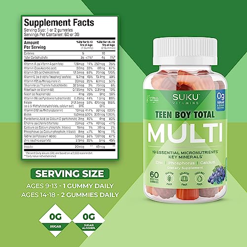 SUKU Vitamins Teen Boy Multivitamin – Sugar Free Vegetarian Gummy Supplement for Teen Boys 19 Essential Nutrients Strengthens Bones Muscles Enhances Energy Health – Blueberry Grape Flavor (60 Count)